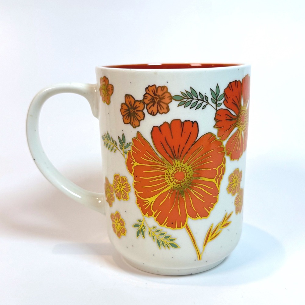 Seeds & Sunshine Floral Ceramic Coffee Mug Orange Yellow Retro Flower Design
